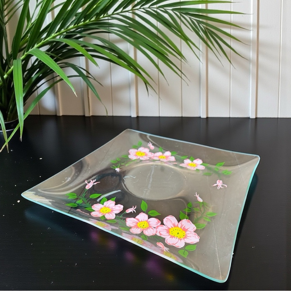 Vintage Franciscan Desert Rose Square Glass Serving Platter Pink Floral 12 1/2”